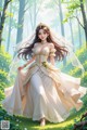 A woman in a wedding dress walking through a forest.