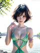A woman in a green bikini standing in the water.