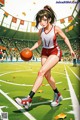 A woman in a red and white uniform holding a basketball.