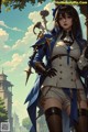 A woman in a blue and white outfit holding a sword.