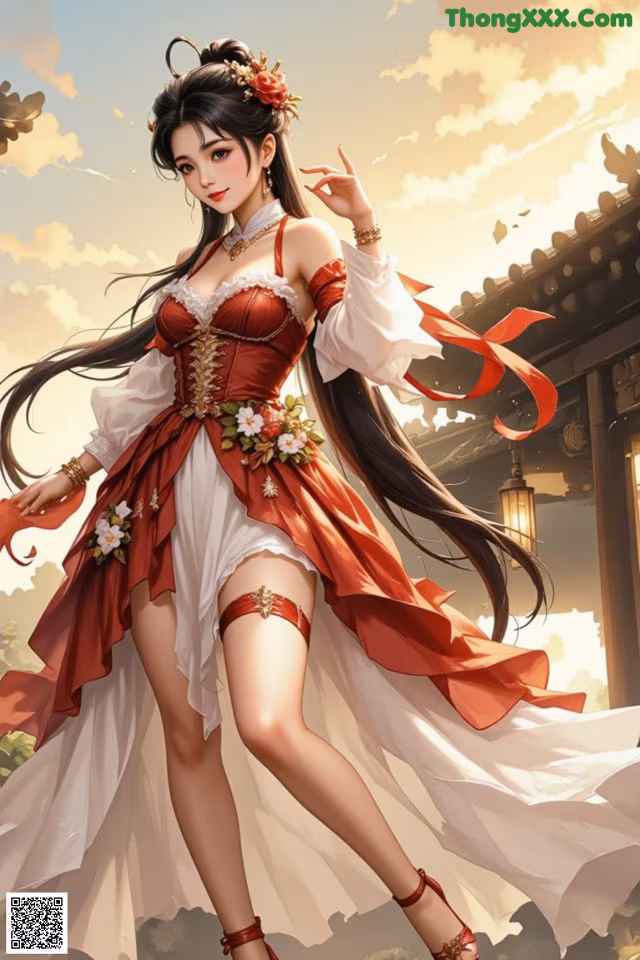 A woman in a red and white dress is dancing.